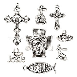 80pcs 8 colgantes de aleación de estilo tibetano de estilo, conejo e ichthus y corazón y palabra y crucifijo cruz y cruz con jesús, para la Pascua, plata antigua, 11~43.5x9.5~26x2~7mm, agujero: 1.5~3 mm, 10 piezas / style