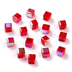 Placcare perle di vetro trasparenti, cubo sfaccettato, arcobaleno placcato, rosso, 6x6x6mm, Foro: 1.8 mm