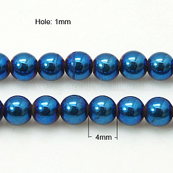 Chapelets de perles en hématite synthétique sans magnétiques, bleu plaqué, ronde, bleu plaqué, 4mm