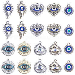 SUNNYCLUE 40Pcs 10 Styles Alloy Crystal Rhinestone Pendants, with Enamel Evil Eye, Heart & Flat Round Charms, Mixed Color, 17.5~29x14~22x2~2.5mm, Hole: 1.6~2mm, 4pcs/style