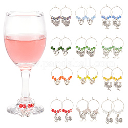 Charms per bicchiere di vino in lega da 24 pz 6 stili, con accessori per orecchini a cerchio in ottone e perle di vetro, gallo, colore misto, 42~52mm, 4pcs / style