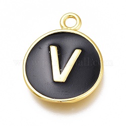 Латунь эмаль подвески, долговечный, чёрные, золотые, плоско-круглые, letter.v, 16.5x13x2 мм, отверстие : 1.5 мм