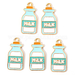 Pendentifs d'émail en alliage, bouteille avec mot lait, or clair, colorées, 27x13x1mm, Trou: 2mm