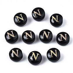 Handmade Lampwork Beads, with Golden Plated Brass Etched Metal Embellishments, Flat Round with Alphabet, Letter.N, 8x5mm, Hole: 0.8mm