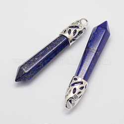 Lapis lazuli naturel gros pendentifs pointus, avec les accessoires en alliage, balle, platine, 57~63x13x10mm, Trou: 3x4mm