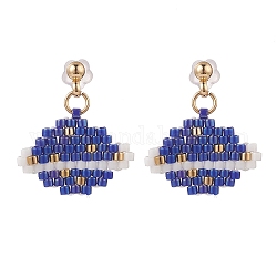 Glass Seed Braided Planet Dangle Stud Earrings, Golden 304 Stainless Steel Wire Wrap Jewelry for Women, Blue, 20mm, Pin: 0.9mm