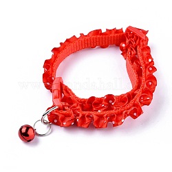 Adjustable Polyester Lace Dog/Cat Collar, Pet Supplies, with Iron Bell and Polypropylene(PP) Buckle, Red, 21~35x0.9cm, Fit For 19~32cm Neck Circumference