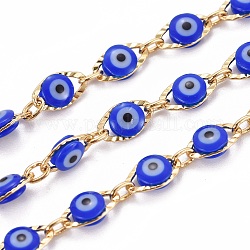 Chaînes de perles de verre faites à la main de 3.28 pied, avec des chaînes en laiton, Plaqué longue durée, soudé, or, bleu royal, 6mm, lien: 9.5x6x2.5~3mm et 5.5x2.8x0.5mm