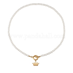 304 Stainless Steel Pendant Necklaces, with Acrylic Imitation Pearl Round Beads and Toggle Clasps, Crown, White, Golden, 17.99 inch(45.7cm)