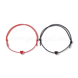 2Pcs 2 Color Alloy Enamel Heart Braided Bead Bracelets Set, Waxed Polyester Cords Adjustable Bracelets, Mixed Color, Inner Diameter: 3-3/8 inch(8.5cm), 1Pc/color