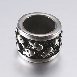 316 perles chirurgicales en acier inoxydable, rondelle avec crâne, Perles avec un grand trou   , argent antique, 13x9mm, Trou: 8.5mm