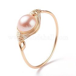 Anillo de dedo de perlas de concha redonda natural, anillo de cobre con envoltura de alambre para mujer, dorado, rosa perla, nosotros tamaño 10 1/4 (19.9 mm)