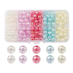250 pièces 5 couleurs perles acryliques craquelées transparentes, de couleur plaquée ab , ronde, couleur mixte, 8x7mm, Trou: 1.8mm, 50 pcs / couleur