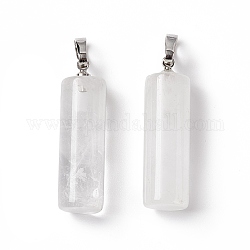 Pendentifs de cristal de quartz naturel, pendentifs en cristal de roche, avec les accessoires en laiton de tonalité de platine, charme de la colonne, 27x8mm, Trou: 6x3.2mm