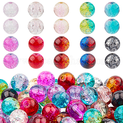 Perles en verre craquelé transparentes, ronde, couleur mixte, 8mm, Trou: 1.3mm, 10 couleurs, 20 pcs / couleur, 200 pcs / boîte