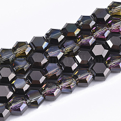 Chapelets de perles en verre électroplaqué, demi-plaqué, facette, hexagone, noir, 5x6x4mm, Trou: 1mm, Environ 100 pcs/chapelet, 20.4 pouce