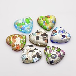 Handmade Silver Foil Glass Pendants, Heart Necklace Pendants, Mixed Color, 30x30x8mm, Hole: 1mm