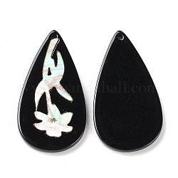 Opaque Flower Pattern Acrylic Pendants, with Shell, Black, Teardrop, 35.5x18.5x2.7mm, Hole: 1.6mm