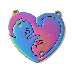Placage ionique (ip) 304 pendentifs fendus en acier inoxydable, coeur avec breloque chat, couleur arc en ciel, 30x30x1mm, Trou: 1.8mm