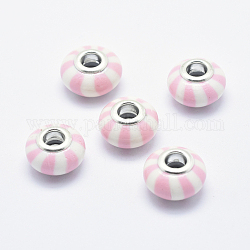 Handmade Polymer Clay European Beads, with Silver Color Plated Brass Cores, Large Hole Beads, Rondelle with Stripe Pattern, Lavender Blush, 13~16x8~11mm, Hole: 4.5~5mm