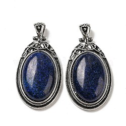 Gros pendentifs en lapis lazuli naturel, breloques ovales en alliage plaqué argent antique, 54x27.5x10~11mm, Trou: 7.5x5.5mm