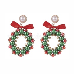 Orecchini pendenti con ghirlanda di Natale intrecciata con perle di vetro, orecchini a goccia avvolgenti in filo di ottone per le donne, colorato, 47mm, ago :0.8mm