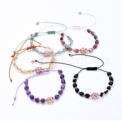 Bracelets de perles de nylon tressés réglables, avec des pierres fines perles naturelles et perles de laiton, tête de bouddha, diamètre intérieur: 1-3/4 pouce ~ 3-3/4 pouces (4.5~9.5 cm)