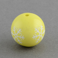 Round Acrylic Snowflake Pattern Beads, Christmas Ornaments, Yellow, 18mm, Hole: 2mm