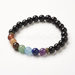 Yoga Chakra Schmuck, natürliche schwarze Achat Perlen Stretch-Armbänder, 2-1/8~2-3/8 Zoll (55~60 mm)