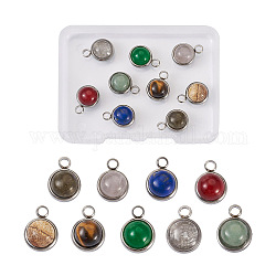 Fashewelry 9Pcs 9 Styles Natural Mixed Stone Charms, with Stainless Steel Color Plated 304 Stainless Steel Findings, Half Round, 13.5x10x7.5mm, Hole: 2.5mm, 9 styles, 1pc/style