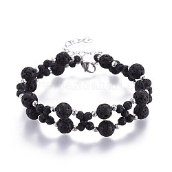 Bracelets multi-brins de perles de pierre de lave naturelle, avec des perles d'hématite non magnétiques et accessoires en 304 acier inoxydable, 7-1/2 pouce (19 cm) ~ 7-5/8 pouces (19.5 cm)
