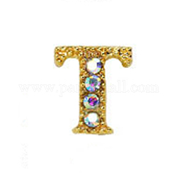 Cabujones de clavos con letras de diamantes de imitación de oro de aleación, alfabeto mayúscula 3d, para mujeres niñas diy hacer diseño de arte de uñas, letter.t, 8x7x2mm