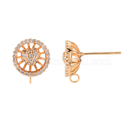 Brass Micro Pave Clear Cubic Zirconia Stud Earrings Findings, with Loop, Nickel Free, Flat Round, Real 18K Gold Plated, 14x11.5mm, Hole: 2mm, Pin: 0.8mm