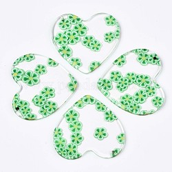 Pendentifs transparents en acétate de cellulose (résine), imprimé, coeur avec fleur, lime green, 36x38.5x2.5mm, Trou: 1.4mm