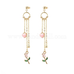 Enamel Heart & Rose Dangle Stud Earrings, Gold Plated Alloy Long Tassel Drop Earrings for Valentine's Day, Pink, 80mm, Pin: 0.8mm