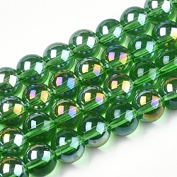 Chapelets de perles en verre transparent électrolytique, de couleur plaquée ab , ronde, verte, 8~8.5mm, Trou: 1.5mm, Environ 51~53 pcs/chapelet, 14.96 pouce ~ 15.55 pouces (38~39.7 cm)