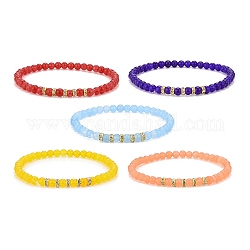 Round Natural Malaysia Jade(Dyed) Bead Stretch Bracelets, Brass Grade A Rhinestone Beaded Bracelets for Women, Mixed Color, Inner Diameter: 2-1/8 inch(5.4cm~5.5cm)