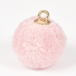 Handmade Cloth Fabric Covered Pendants, Pom Pom Ball, with Golden Tone Brass Findings, Round, Pink, 17x14.5~15mm