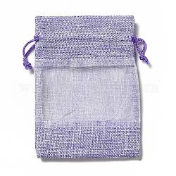 Pochettes en lin, sacs à cordonnet, avec fenêtres en organza, rectangle, lilas, 14x10x0.5 cm