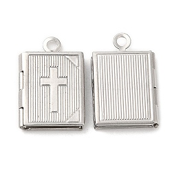 316 Surgical Stainless Steel Locket Pendants, Rectangle with Cross Charm, Stainless Steel Color, 17x11.5x2.5mm, Hole: 1.6mm, Inner Diameter: 6x9.5mm