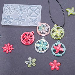 Flat Round Spinning Pendant and Windmill & Snowflake & Flower & Clover & Tyre Cabochon Silicone Molds, Resin Casting Molds, for UV Resin & Epoxy Resin Jewelry Making, White, 99x63x6mm, Hole: 3mm, Inner Diameter: 27~40x27~35mm