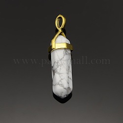Natural Howlite Bullet Pointed Pendants, with Golden Tone Brass Findings, 38~41x11x9mm, Hole: 4x5mm