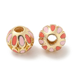 Perles européennes d'émail en alliage, Perles avec un grand trou   , ronde avec des fleurs, or, 14x13mm, Trou: 4.5mm