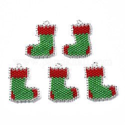Miyuki & toho perles de rocaille japonaises, pendentifs faits à la main, motif de tissage, chaussette de Noël, vert de mer moyen, 27x20x2mm, Trou: 1.5mm