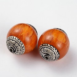 Tibetischen Stil runden Perlen, mit Harz Nachahmung Bienenwachs und antikem Silber Messing Zubehör, dunkelorange, 27x21 mm, Bohrung: 1.5 mm