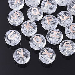 Plating Transparent Acrylic Beads, with Glitter Powder, Metal Enlaced, Horizontal Hole, Flat Round with Letter, Misty Rose, 10x6mm, Hole: 1.8mm, about 1580pcs/500g