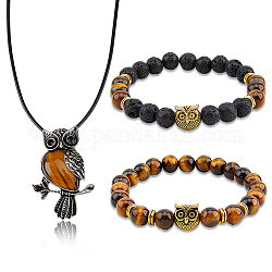Collier pendentif hibou en alliage fibloom et bracelets extensibles perlés, ensemble de bijoux en œil de tigre naturel et pierre de lave pour femme, 20-1/2 pouce (52 cm), 2-1/8~2-1/4 (5.3~5.6 cm), 3 pièces / kit