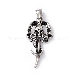 Tibetan Style 304 Stainless Steel Pendants,  Sword with Skull Charm, Antique Silver, 35.5x17.5x4mm, Hole: 7x3.5mm
