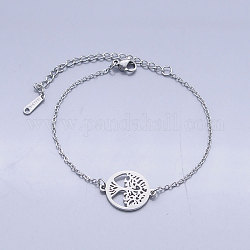 201 Stainless Steel Link Bracelets, with Lobster Claw Clasps, Tree of Life with Flat Round, Stainless Steel Color, 6-5/8 inch(16.8~16.9cm)