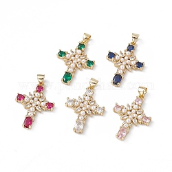 Rack Plating Brass Micro Pave Cubic Zirconia Pendants, with Plastic Imitation Pearl, Cadmium Free & Lead Free, Long-Lasting Plated, Real 18K Gold Plated, Religion Cross Charm, Mixed Color, 26.5x19x3.5mm, Hole: 3x5mm